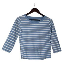 COS‎ Striped 100% Cotton 3/4 Sleeve Crew Neck Top Light Blue White Casual Size P
